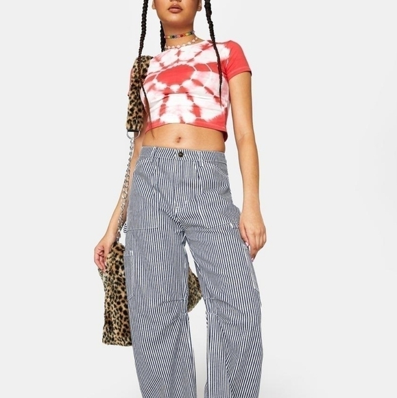 Lioness High Waisted Raw‎ Hem Pinstripe Wide Leg Jeans Size Small - Picture 1 of 11